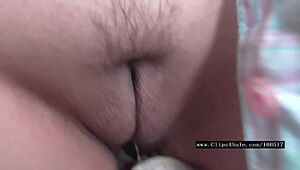 her shaven puss in internal ejaculation wettened satin g-string