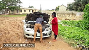 Big-boobed dark-hued pays the mechanic with fine intercourse