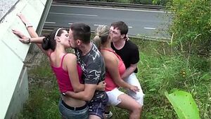Jism on a obese doll with phat boobies in extraordinary public 4some orgy by a highway